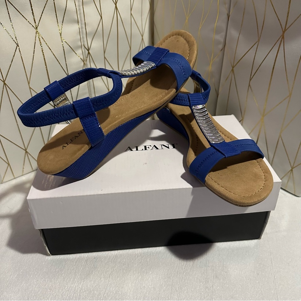 Alfani Vacay Ultramarine Blue 1.5” Wedge Sandal with Metallic Strip - Size 8